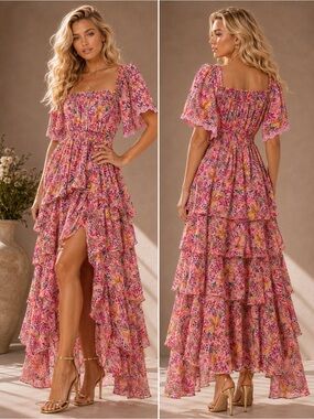 Hale Bob Zahara Tiered Maxi Dress Pink Floral Smocked Ruffle Size M NWT